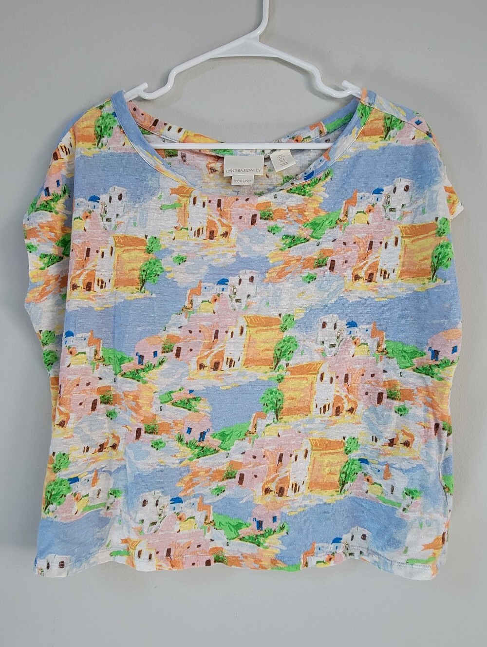 Cynthia Rowley Linen Boxy Top Women Size L Relaxed Fit Resortwear Vacation Artsy